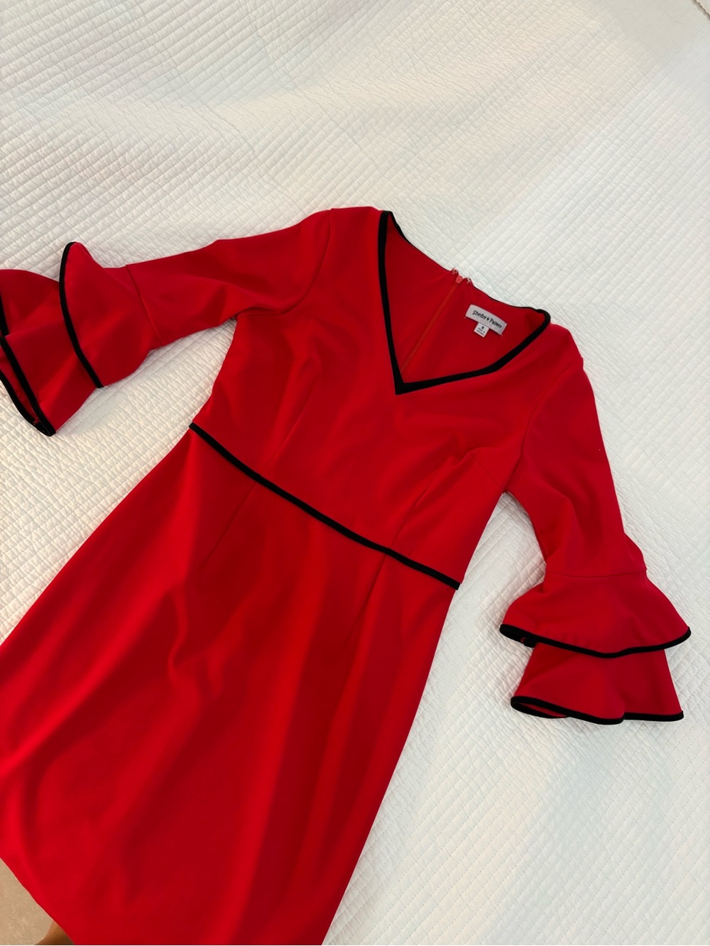Red V-Neck Ruffle Sleeve Dress with Black Trim